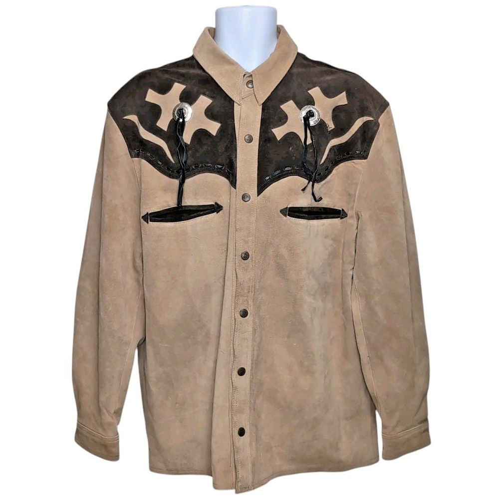 VTG 3B West By Tansmith Suede Leather Western Shirt Jacket XL Tan Brown Concho